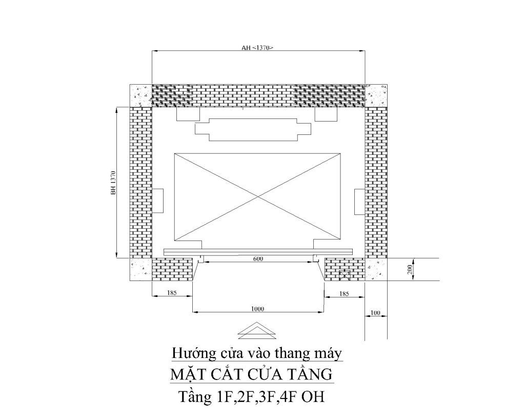 Bản vẽ kích thước hố thang máy 1370mm x1370mm